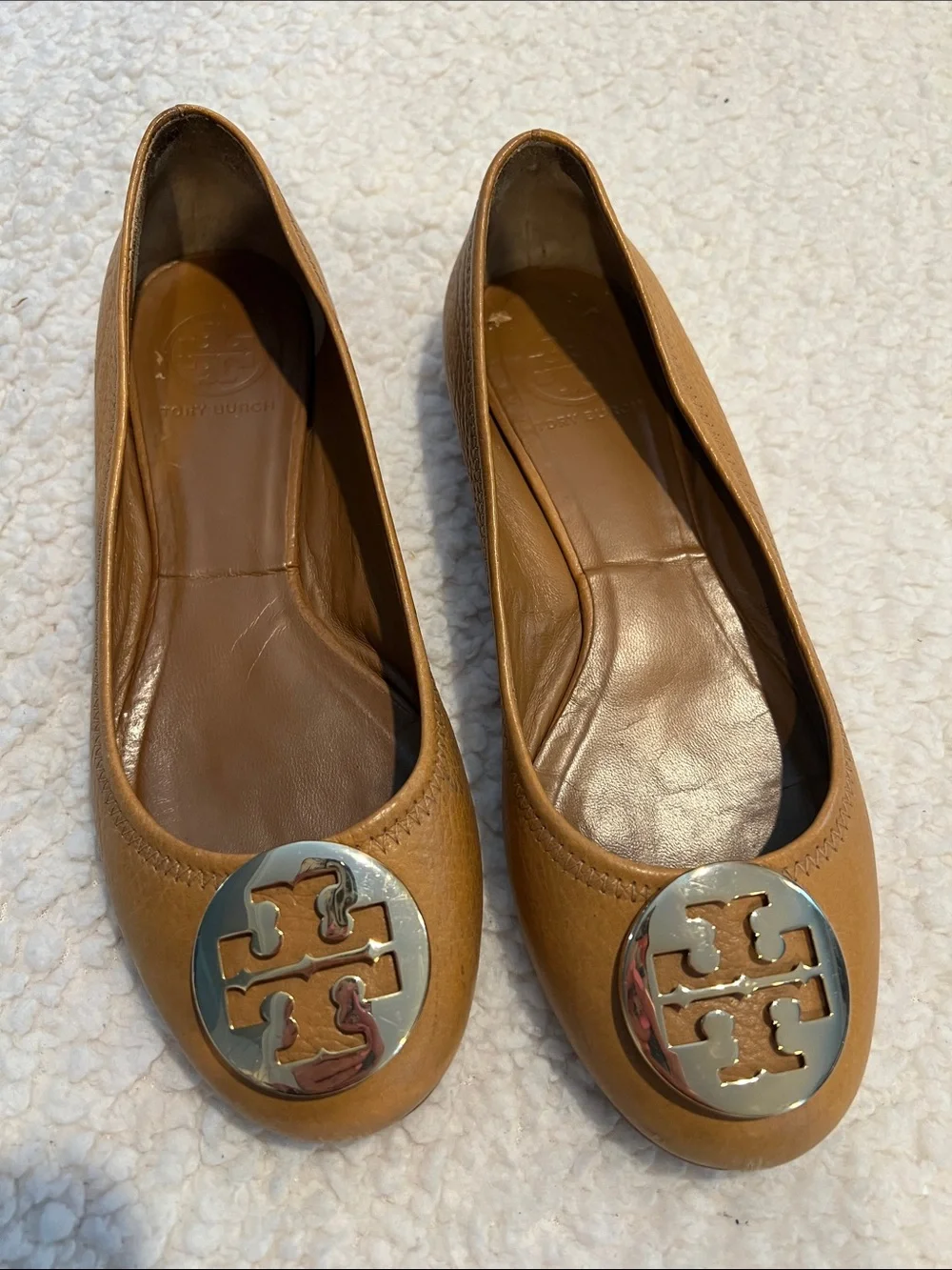 Tory Burch Cognac Leather Logo Round-Toe Flats - Size 7.5